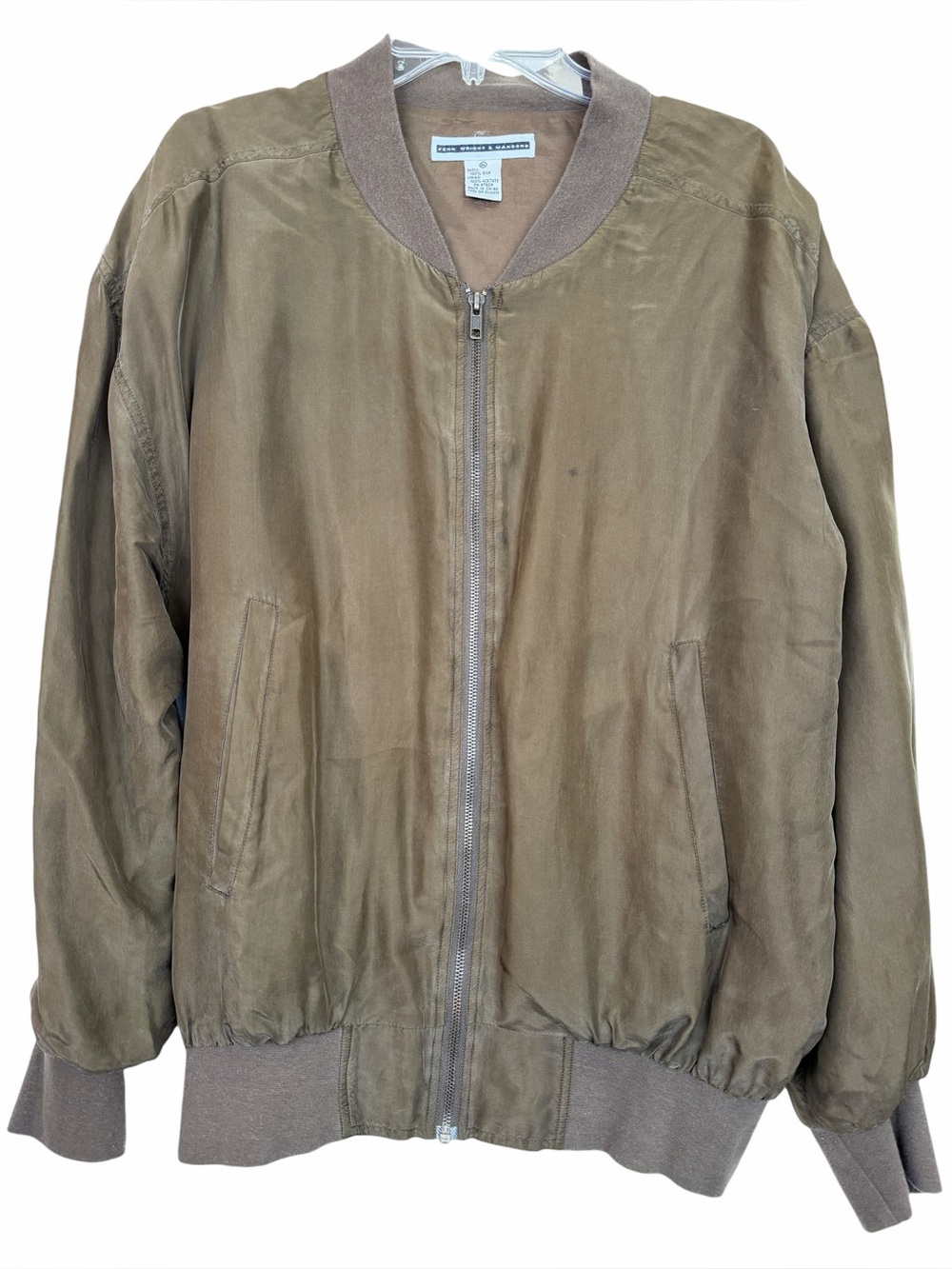 Fenn Wright & Manson Olive Green Brown Silk Vintage Full Zip Bomber Jacket sz XL
